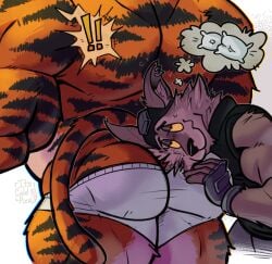 ! !! anthro anthro_on_anthro ass big_thighs canine cheek_tuft chubby chubby_male clothed clothed_male clothing earrings exclamation_point feline fingerless_gloves fortnite fur furry furry_only gay head_on_ass homosexual homosexual_male its_coldpizzart male/male mammal narrowed_eyes oscar_(fortnite) pillow round_ass size_difference smile smiling tail thick_thighs topless underwear underwear_only video_games wendell_(fortnite) white_underwear