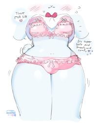 2024 anthro artist_name blush bottomwear bovid bow_ribbon bra bulge caprine chelsi clothed clothing clothing_lift detailed_bulge digital_drawing_(artwork) digital_media_(artwork) emanata embarrassed english_text erection erection_under_clothing erection_under_skirt frilly frilly_bra frilly_clothing frilly_panties frilly_underwear gynomorph hi_res intersex mammal navel panties presenting_underwear scorci sheep shirt shirt_lift skirt solo tail tail_motion tailwag tenting text thick_thighs topwear underwear