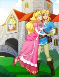 1boy 1girls big_breasts blonde_hair breath_of_the_wild crossover crossover_pairing crossover_shipping flustered_male licking_cheek link link_(breath_of_the_wild) male mario_(series) nintendo pink_dress pointy_ears princess_peach standing_on_one_leg super_mario_bros. the_legend_of_zelda wadevezecha