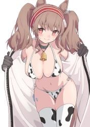 @_@ absurdres angelina_(arknights) animal_ears animal_print arknights bell bikini black_gloves blush breasts brown_hair cleavage closed_mouth cow_print cow_print_bikini crying crying_with_eyes_open embarrassed female fox_ears fox_girl gloves highres jacket jewelry large_breasts leaning_forward long_hair looking_at_viewer navel necklace nervous_smile open_clothes open_jacket print_bikini red_eyes simple_background smile sweat swimsuit tears thighhighs twintails white_background yuuko_(oruta)