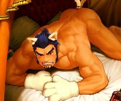 1boy alcohol anal_object_insertion animal_ears bed bed_sheet blue_hair buttplug buttplug_tail canopy_bed cat_ears cat_paws clenched_teeth drink facial_hair ixion_saga ixion_saga_dt male male_only nude object_insertion pillow red_eyes sainglain saliva short_hair sideburns solo tail tears usada!