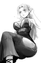 acca9nine armpits bare_shoulders big_breasts big_thighs black_and_white black_dress blonde_hair blush brushing_hair choker cleavage dress ear gold_jewelry hand_on_head jujutsu_kaisen long_hair sideboob slit_dress sweat sweatdrop thighs underboob visible_breath yuki_tsukumo