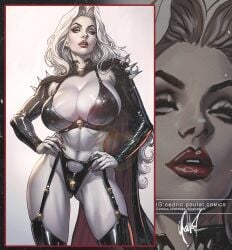 1girls abs athletic_female bra breast_veins breasts cape cedric_poulat coffin_comics female fit_female garter_belt garter_straps hourglass_figure huge_breasts lady_death lipstick long_hair pale_skin pupilless_eyes solo stockings veiny_breasts white_body white_hair