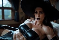 abs ai_generated animated bed biceps black_lipstick bulge elbow_gloves futanari latex muscular tagme thighhighs veins video witch witch_hat