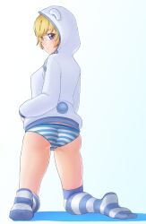 1girls ass back blonde_hair cameltoe feet finalcake from_behind full_body glasses gradient_background hood hoodie ito_hikiotani looking_back panties punchline purple_eyes short_hair solo striped_clothing striped_legwear striped_panties thighhighs underwear