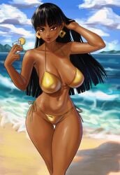 1girls beach big_breasts bikini black_hair breasts buglewdy chel clouds dark-skinned_female detailed_background dreamworks ear_piercing earrings female female_only gold_bikini golden_bikini hand_on_head holding_glass holding_object latina long_hair looking_at_viewer navel side-tie_bikini solo swimsuit swimwear the_road_to_el_dorado water