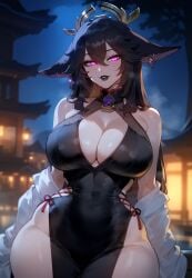 ai_generated alternate_color black_hair black_lipstick curvaceous female female_only genshin_impact goth goth_girl huge_breasts looking_at_viewer miyuai mommy solo thiccwithaq_(ai_style) wide_hips yae_miko