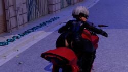 1boy 3d ass big_ass blindfold bodysuit femboy grandmastersurgeon male male_focus male_only motorcycle nier nier:_automata short_hair solo trap white_hair yorha_9s