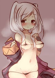 blush breasts brown_eyes ebi_shamo female fire_emblem fire_emblem_awakening gradient_background micro_bikini robin_(fire_emblem) robin_(fire_emblem)_(female) solo sweat tied_hair twintails white_hair