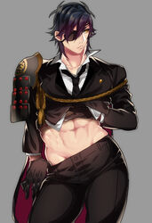 1boy abs bulge eye_patch gloves looking_away male_only muscle pants_pull pecs shirt_lift shokudaikiri_mitsutada simple_background solo suit tagme touken_ranbu undressing