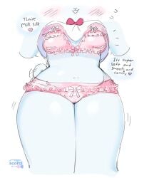 2024 2d 2d_(artwork) anthro artist_name blush bovid bow_ribbon bra camel_toe caprine chelsi clothed clothing clothing_lift digital_drawing_(artwork) digital_media_(artwork) emanata english_text female frilly frilly_bra frilly_clothing frilly_panties frilly_underwear hi_res mammal navel panties presenting_underwear scorci sheep shirt shirt_lift solo tail tail_motion tailwag text thick_thighs topwear underwear