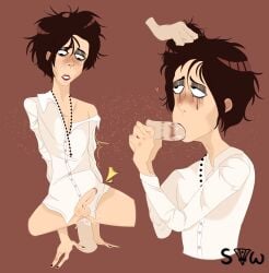 2boys anal_sex blowjob blush crouching crouching_male face_fucking faceless_male gay goth nail_polish necklace oral pale-skinned_male robert_smith ruined_makeup singer suitsandwhimpers the_cure white_shirt yaoi