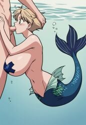 1boy 1girls ai_generated bishoujo_senshi_sailor_moon blonde_hair blowjob breasts_bigger_than_head fellatio female female_focus gigantic_breasts hand_on_another's_head haruka_tenou huge_breasts irrumatio large_breasts male mermaid mermaid_tail mermaid_transformation navel oral_sex sailor_uranus short_hair side_view solo_focus straight toonami uncensored underwater unseen_male_face water