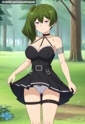 1girls ai_generated aindroidparanoid ass big_breasts busty cameltoe curvy dress fat_ass female female_only flashing_panties flashing_pussy forest frieren_beyond_journey's_end green_hair hips huge_breasts large_breasts legs lifting_skirt nipples outdoors panties ponytail purple_eyes short_hair skirt solo sousou_no_frieren stable_diffusion thick_thighs tight_clothing ubel_(sousou_no_frieren) voluptuous wide_hips