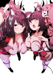 2girls :o animal_ear_fluff animal_ears arm_grab arms_up azur_lane bell black_hair black_kimono blunt_bangs blush bob_cut breasts breasts_out butterfly_hair_ornament cat_ears cat_mask collarbone cute_fang eyebrows female foreshortening furrowed_brow fusou_(azur_lane) hair_ornament hair_tubes japanese_clothes jingle_bell kimono large_breasts legs_apart long_hair long_sleeves low_twintails mask mask_on_head multiple_girls nipples obi oerba_yun_fang open_mouth purple_eyes red_eyes red_ribbon restrained ribbon sash short_hair short_kimono simple_background standing tentacle thighhighs twintails ushiro_muki white_background white_legwear wide_sleeves yamashiro_(azur_lane) zettai_ryouiki