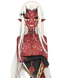 boobs_out breasts cum cum_drip cum_on_body cum_on_breasts cum_on_face cum_on_tits edit edited edited_screencap elf_ears fit fit_female gloves horn horns long_hair looking_at_viewer red_body red_senshi red_skin smiling_at_viewer tits_out virtual_youtuber vtuber white_background white_hair