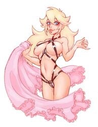 1girls big_breasts blonde_hair blue_eyes blush breasts cleavage female female_only harness large_breasts long_hair looking_at_viewer mario_(series) nintendo peachy princess_peach simple_background smile solo standing white_background