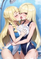 aged_up ai_generated blonde_hair blush closed_eyes daughter french_kiss game_freak groping groping_breasts incest kissing lillie_(pokemon) long_hair lusamine_(pokemon) mother mother_and_daughter nintendo open_mouth pokemon pokemon_sm saliva shower standing swimsuit tongue wet yellow_eyes yuri