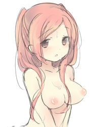 :o blush breasts brown_eyes ebi_shamo female fire_emblem fire_emblem_awakening nipples red_hair robin_(fire_emblem) robin_(fire_emblem)_(female) simple_background solo sweat tied_hair twintails