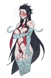 absurdres bandaged_arm bandaged_leg bandages black_hair black_pubic_hair blush bondage bound_breasts breasts closed_mouth collarbone covered_nipples cropped_legs embarrassed female female_pubic_hair futanari genderswap_(mtf) gradient_background hair_slicked_back highres large_breasts league_of_legends long_hair nipples nude penis precum precum_drip pubic_hair red_eyes red_hair red_rope rope rule_63 scar scar_across_eye scar_on_face sidelocks simple_background solo straight_hair testicles treslech3s white_background yone_(league_of_legends)