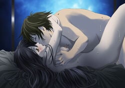 1boy accel_world arita_haruyuki black_hair blush female kissing kuroyukihime long_hair lying platin_(alios) sex small_breasts sweat yellow_eyes