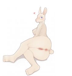 anthro anus ass bfkitsu1550 blue_eyes breasts eyelashes female fur genitals hi_res lagomorph leporid lying mammal nipples on_side presenting presenting_hindquarters pussy rabbit simple_background solo white_background white_body white_fur