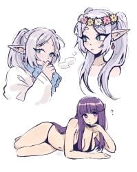 2girls bangs belly belly_button bikini bikini_bottom bikini_top blunt_bangs blush breasts earrings elf eyelashes female female_only fern_(sousou_no_frieren) flower flower_crown flower_in_hair frieren green_eyes long_hair megrocks midriff multiple_girls navel pointed_ears pointy_ears purple_eyes purple_hair question_mark sousou_no_frieren white_hair