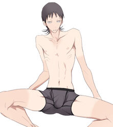 1boy black_hair bulge grey_underwear male male_only midousuji_akira short_hair solo tan tanline topless underwear yowamushi_pedal