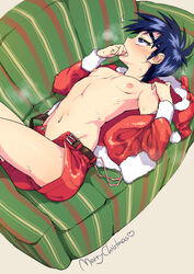 1boy belt blue_eyes blue_hair blush breath christmas costume male_only nipples short_hair solo steam sweat tobaku_haouden_zero ukai_zero undressing