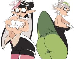 2girls ass breasts callie_(splatoon) clenched_teeth covering covering_breasts detached_collar earrings female gloves hair_ornament inkling inkling_girl large_breasts long_hair looking_back marie_(splatoon) mole mole_under_eye navel nintendo open_mouth pointy_ears simple_background skirt skirt_lift splatoon squid_sisters squid_sisters_(splatoon) tentacle_hair wardrobe_malfunction white_background white_detached_collar white_ears white_gloves yuta_agc