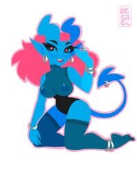 1girls 2020&rsquo;s 2023 anklet artist_logo bangles blue-skinned_female blue_areola blue_horn blush bracelet calves demon demon_girl demon_tail digital_drawing_(artwork) eyebrows eyelashes female hand_on_knee horned_female horns kesael leotard nipples_visible_through_clothing no_sclera no_sex on_knees open_mouth pierced_tail pink_eyes pink_hair pink_outline pointed_ears see-through_clothing see-through_top snatched_waist solo stockings thighs white_background