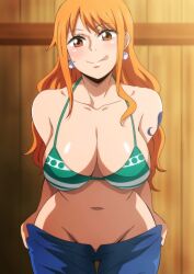 1girls artist_request bra female female_only nami nami_(one_piece) one_piece orange_hair removed_clothing tagme