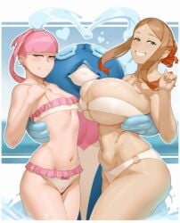 1other 2girls alternate_breast_size arm_around_waist bikini blunt_bangs breasts brown_hair flat_chest frilled_bikini frills girl_sandwich huge_breasts implied_threesome materclaws mollie_(pokemon) multiple_girls navel o-ring o-ring_bikini orla_(pokemon) palafin palafin_(hero) parted_bangs pink_hair pokemon pokemon_(anime) pokemon_horizons sandwiched small_breasts stomach strapless strapless_bikini swimsuit thighs toned toned_female