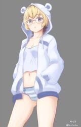 animal_hood artist_name blonde_hair blue_hoodie breasts cleavage clip_studio_paint_(medium) collarbone dated female female_focus finalcake glasses gluteal_fold grey_background hands_in_pockets hood hoodie ito_hikiotani legs looking_at_viewer midriff navel neck no_pants open_clothes open_hoodie open_mouth panties punchline purple_eyes short_hair simple_background small_breasts solo standing striped_clothes striped_panties surprised thighs underwear wide-eyed