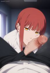 1boy 1girls ai_generated chainsaw_man imminent_fellatio imminent_oral jarentr makima_(chainsaw_man) penis penis_on_face pov pov_crotch red_hair smile steam