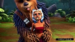 ahsoka_tano ai_generated alien captured captured_heroine chewbacca clone_wars cum cum_dripping_down_chin cum_dripping_from_mouth defeated_heroine dripping_cum hi_res implied_fellatio implied_oral implied_rape interspecies interspecies_sex jungle kashyyyk on_model orange_skin post_oral smutgen star_wars togruta tongue_out wookiee