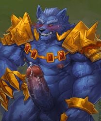 abs anthro aroused balls biceps blush bodily_fluids bottomwear canid canine canis clothed clothing erection fur genital_fluids genitals hi_res league_of_legends leaking leaking_cum leaking_precum loincloth looking_at_viewer male mammal midriff muscular muscular_anthro muscular_male nipples nude pecs precum red_eyes riot_games serratus simple_background skimpy solo sweat teeth tencent text triceps vein veiny_muscles veiny_penis warwick warwick_(lol) wolf wulfer-shepherd