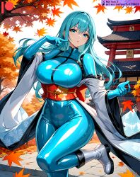 ai_generated bodysuit breasts female kuriboh_ex_(artist) latex latex_clothing latex_suit oppai rubber rubber_clothing rubber_suit skin_tight turquoise_eyes turquoise_hair