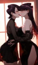 ai_generated blush daughter french_kiss incest kissing komi-san_wa_komyushou_desu komi_shouko komi_shuuko lingerie long_hair mother mother_and_daughter open_mouth purple_hair see-through short_hair standing tongue yuri