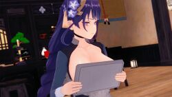 3d 3d_animation animated breasts female genshin_impact kiryx maid maid_uniform purple_eyes purple_hair raiden_shogun sexy_pose tagme tray