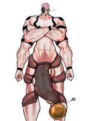 1boy artherarts big_penis breedable cock curse huge_cock interspecies jujutsu_kaisen large_penis larger_male light-skinned_male light_skin looking_at_viewer male male_focus male_only monster muscles muscular muscular_male pants pubic_hair ryoumen_sukuna_(jujutsu_kaisen) standing tall taller_male tattoo vein veiny_penis x-ray