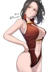 ass big_ass big_breasts black_hair blush breasts closed_mouth female female_focus female_only hand_on_hip leotard long_hair looking_at_viewer looking_down my_hero_academia navel ponytail red_leotard simple_background solo solo_female solo_focus tamamoice thick_thighs translation_request white_background yaoyorozu_momo