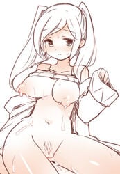 blush breasts ebi_shamo female fire_emblem fire_emblem_awakening monochrome nipples pussy robin_(fire_emblem) robin_(fire_emblem)_(female) simple_background solo tied_hair twintails