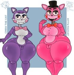 2girls animatronic big_ass big_breasts bowtie cat_ears chubby_female cindy_(fnac) curvy_figure eyebrows fangs female_only five_nights_at_candy's five_nights_at_freddy's freckles furry furu_flami kitty_fazcat pink_body purple_body pussy robot_girl size_difference the_return_to_freddy's thick_thighs top_hat