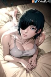 ai_generated bare_shoulders big_breasts black_hair blue_eyes breasts chainsaw_man female_focus female_only fit_female himeno_(chainsaw_man) large_breasts light-skinned_female on_bed pale-skinned_female toned_female xwaifuai