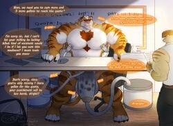 absurd_res assistant boss dialogue english_text entitropy felid feline hi_res machine male mammal milking_machine muscular office oscar_pandesal_(entitropy) pantherine role_reversal size_difference small_dom_big_sub text tiger