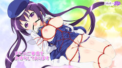 blush bondage breasts female hair is_the_order_a_rabbit? makoto_jah mizuki_makoto nipples purple_eyes purple_hair rize_tedeza school_uniform solo tagme text translation_request uncensored