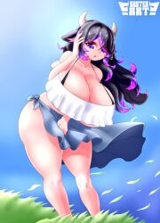 1girls animal_ears bare_hips bare_shoulders big_ass black_bra black_ears black_hair black_underwear blue_skirt blue_sky bra breasts breasts_bigger_than_head buster-art clothed clouds cow_ears cow_horns curvy curvy_female curvy_figure dreamy7w7 ear_tag female female_only frilled_shirt frills gigantic_breasts gradient_background gradient_eyes grass grass_field hair_between_eyes hand_in_hair hand_in_own_hair hips holding_hair horns huge_breasts kemonomimi leaning leaning_forward leaning_to_the_side long_hair long_skirt looking_at_viewer multicolored_hair off-shoulder_shirt open_mouth outdoors purple_eyes purple_hair shirt side_view simple_background skirt skirt_tug sky solo standing streaked_hair thick_thighs thighs twitch.tv two-tone_hair two_tone_hair underwear view_from_the_side viewed_from_below virtual_youtuber voluptuous voluptuous_female vrchat_avatar vtuber vtuberfanart white_horns white_shirt wide_hips wind_lift