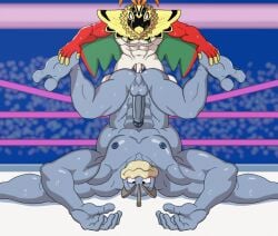 abs anal anal_sex animated balls biceps blush bodily_fluids duo erection fight fighting_ring generation_1_pokemon genitals humanoid hunter-husky impact_lines larger_penetrated machamp male male/male mega_hawlucha multi_limb multicolored_body muscular muscular_male nintendo nipples pecs penetration penis pokemon pokemon_(species) sex size_difference small_dom_big_sub sweat wings wrestling