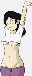 agrias belly black_hair breasts button clothed female female_only human pubic_hair shirt_life simple_background smirk solo white_background whomp wink